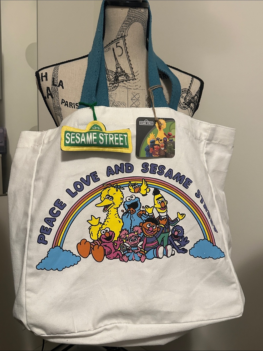 Sesame Street White Canvas Tote Teal Straps Rainbow Character Print 100% Cotton